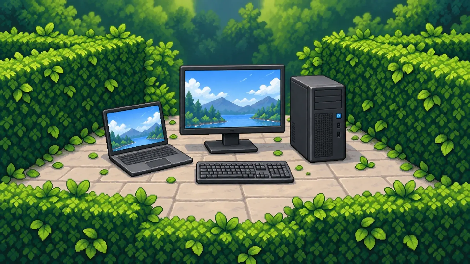 Pixel art laptop, monitor, desktop tower, and keyboard surrounded by green hedges